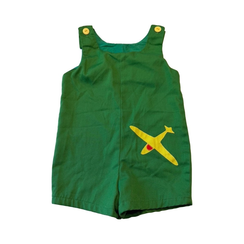 Vintage Sears Perma-Prest Toddler Boys 4T Green Airplane Shortall Romper 70s